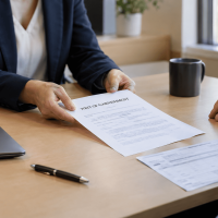 HR manager sliding a writ of garnishment across an office desk to an employee, illustrating wage garnishment in Florida.