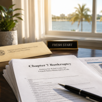 Chapter 7 bankruptcy petition and legal books on a desk with Florida palm trees visible through the window