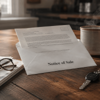 Envelope with a car repossession notice of sale next to a cold cup of coffee and a disconnected car key on a kitchen table, representing the deficiency balance letter Florida borrowers receive after their vehicle is sold.