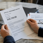 A Florida condo owner holding a Special Assessment Notice demanding $48,750.00, sitting at a table with a calculator and other bills.