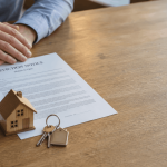 Hands resting on a legal notice beside house keys and a model home, illustrating a judgment lien on a Florida home.