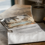 Annual timeshare maintenance fee statement next to a faded resort brochure and coffee mug, representing the ongoing debt Florida timeshare owners face long after their last vacation.
