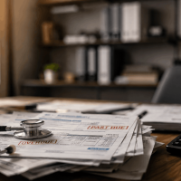 Stack of overdue medical bills with stethoscope and calculator on desk, representing medical debt bankruptcy in Florida.
