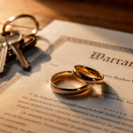 Wedding rings resting on a property deed document showing tenancy by the entirety ownership, next to house keys.
