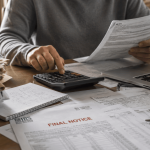 Person at a desk reviewing IRS tax notices and a final notice letter with a calculator and laptop, weighing bankruptcy options for tax debt in Florida.