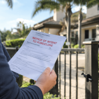 Homeowner holding a notice of intent to foreclose outside a Florida HOA community home, illustrating HOA foreclosure in Florida.